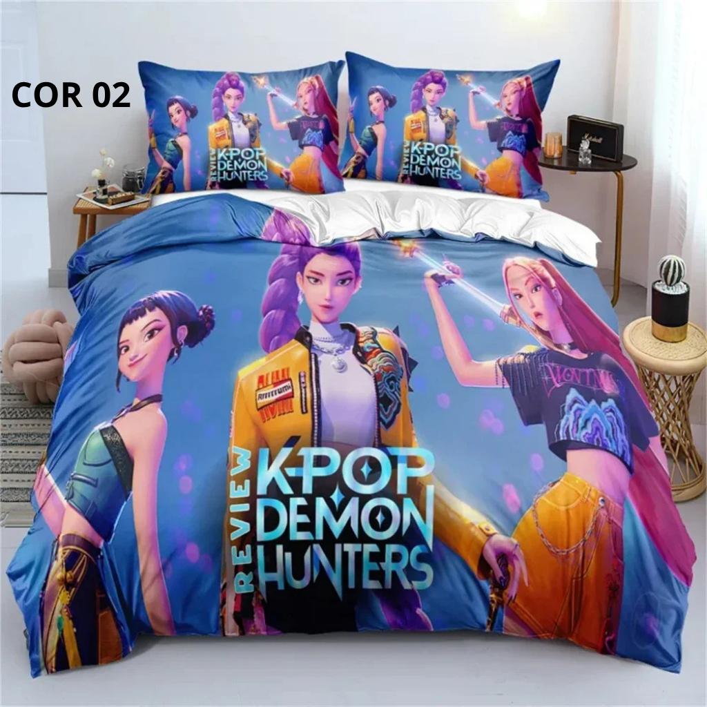 Jogo de Cama 3D Huntrix – Estilo Anime Demon Counter | Colcha + Capa de Edredom + Fronhas | Modelos Solteiro, Casal, Queen e King
