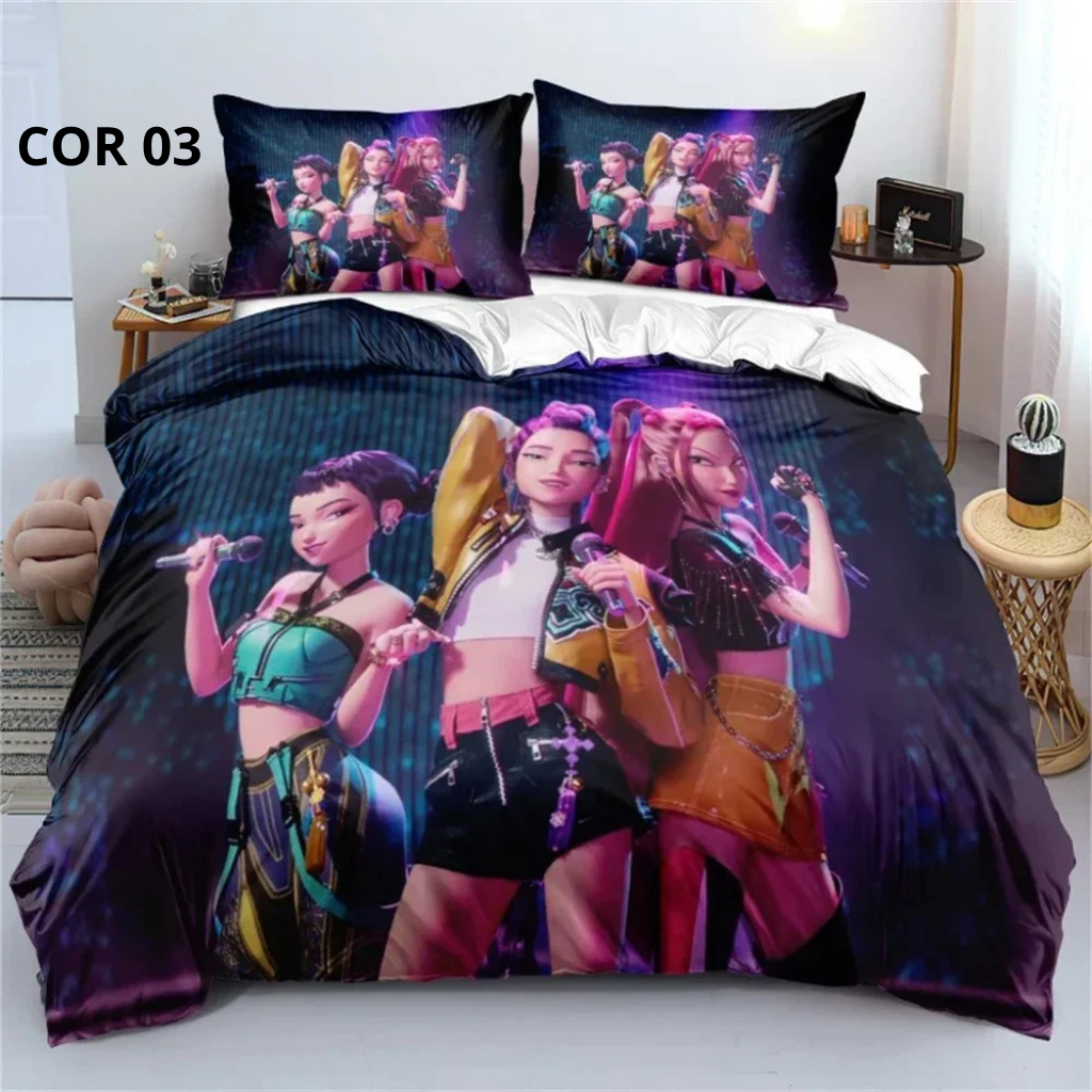 Jogo de Cama 3D Huntrix – Estilo Anime Demon Counter | Colcha + Capa de Edredom + Fronhas | Modelos Solteiro, Casal, Queen e King