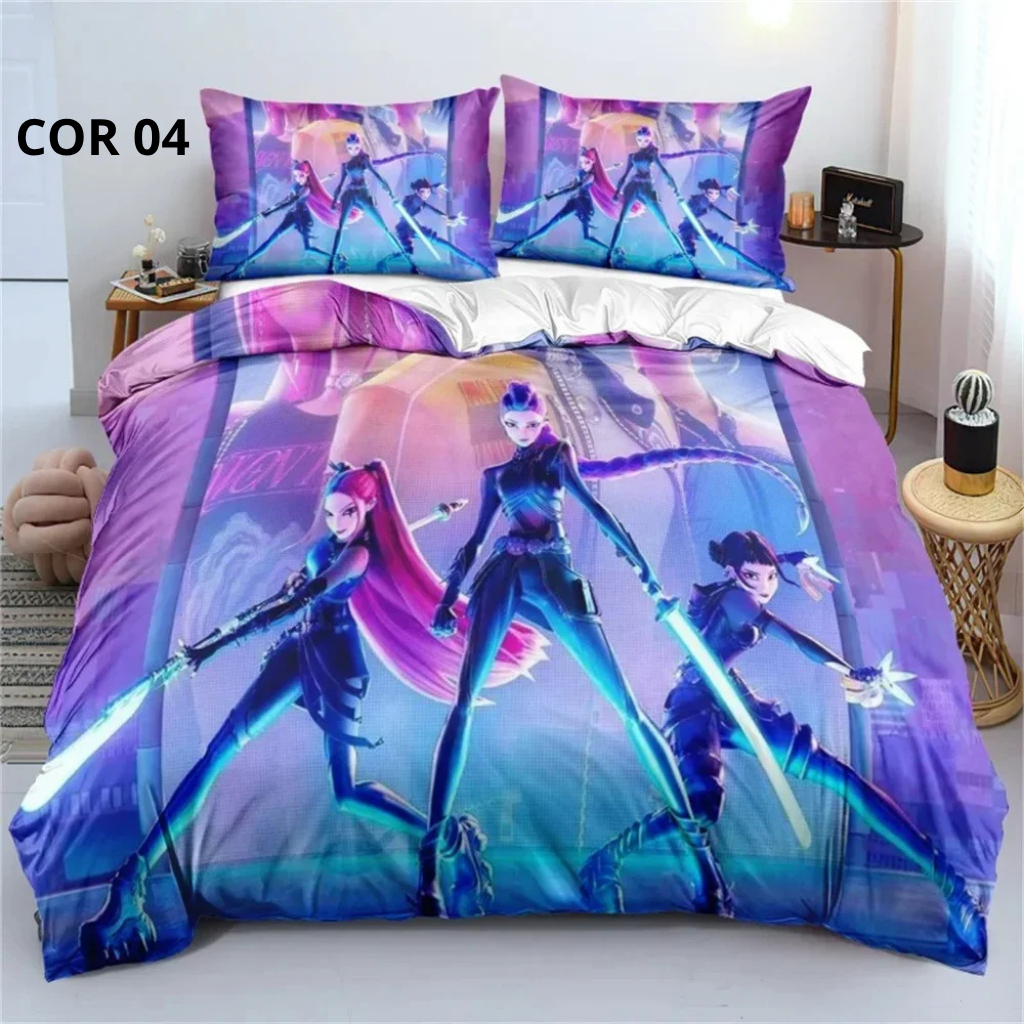 Jogo de Cama 3D Huntrix – Estilo Anime Demon Counter | Colcha + Capa de Edredom + Fronhas | Modelos Solteiro, Casal, Queen e King