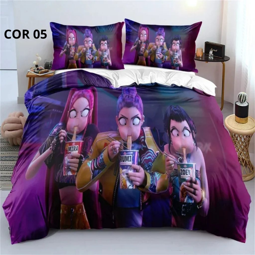 Jogo de Cama 3D Huntrix – Estilo Anime Demon Counter | Colcha + Capa de Edredom + Fronhas | Modelos Solteiro, Casal, Queen e King