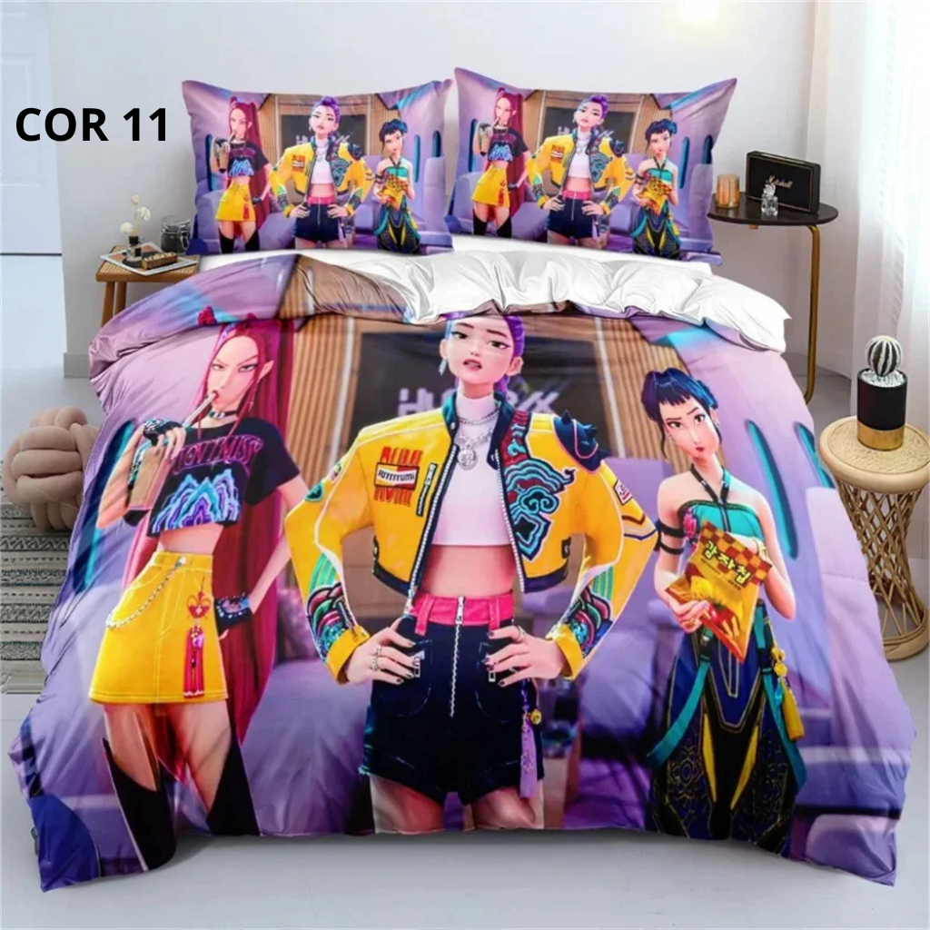 Jogo de Cama 3D Huntrix – Estilo Anime Demon Counter | Colcha + Capa de Edredom + Fronhas | Modelos Solteiro, Casal, Queen e King