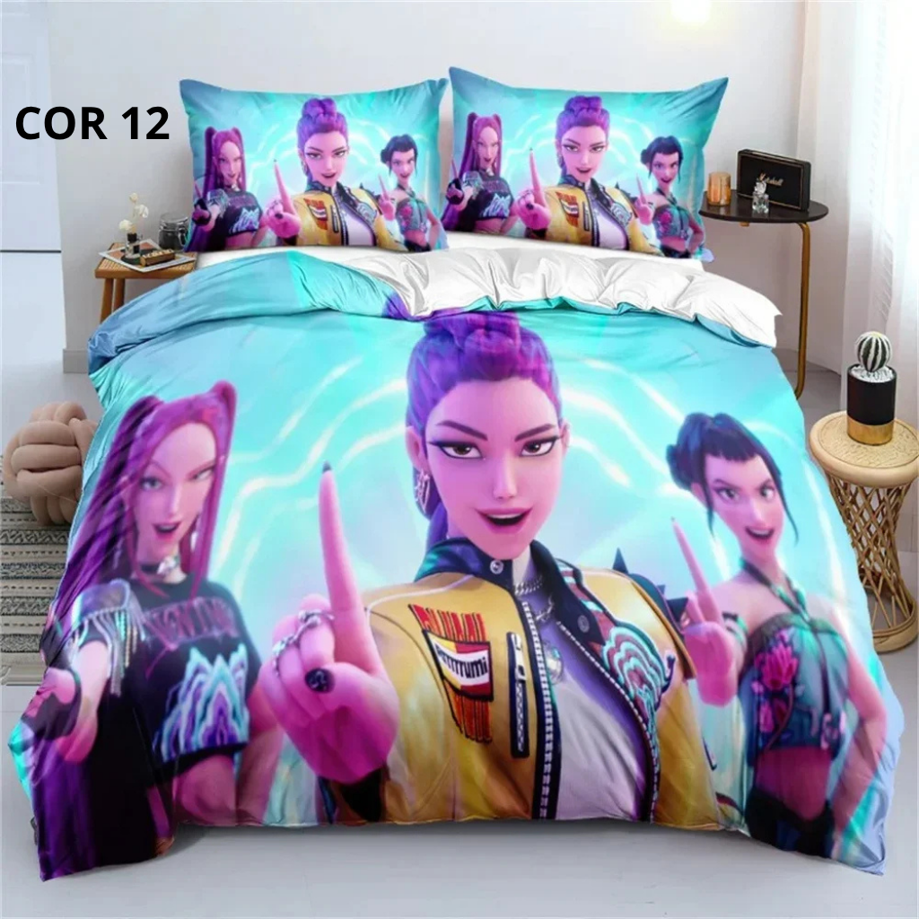 Jogo de Cama 3D Huntrix – Estilo Anime Demon Counter | Colcha + Capa de Edredom + Fronhas | Modelos Solteiro, Casal, Queen e King