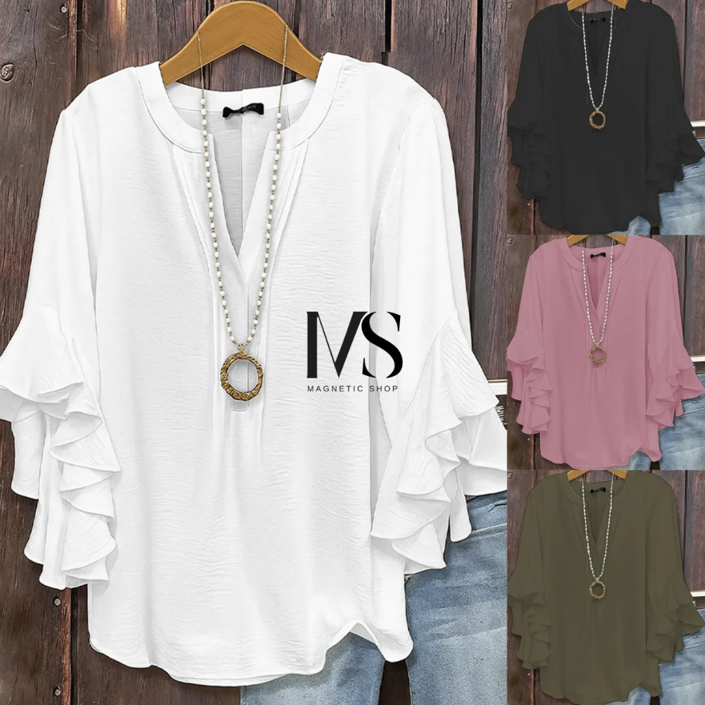 Camisa Feminina Casual Solta com Decote V – Manga 7/8, Estilo Elegante e Confortável