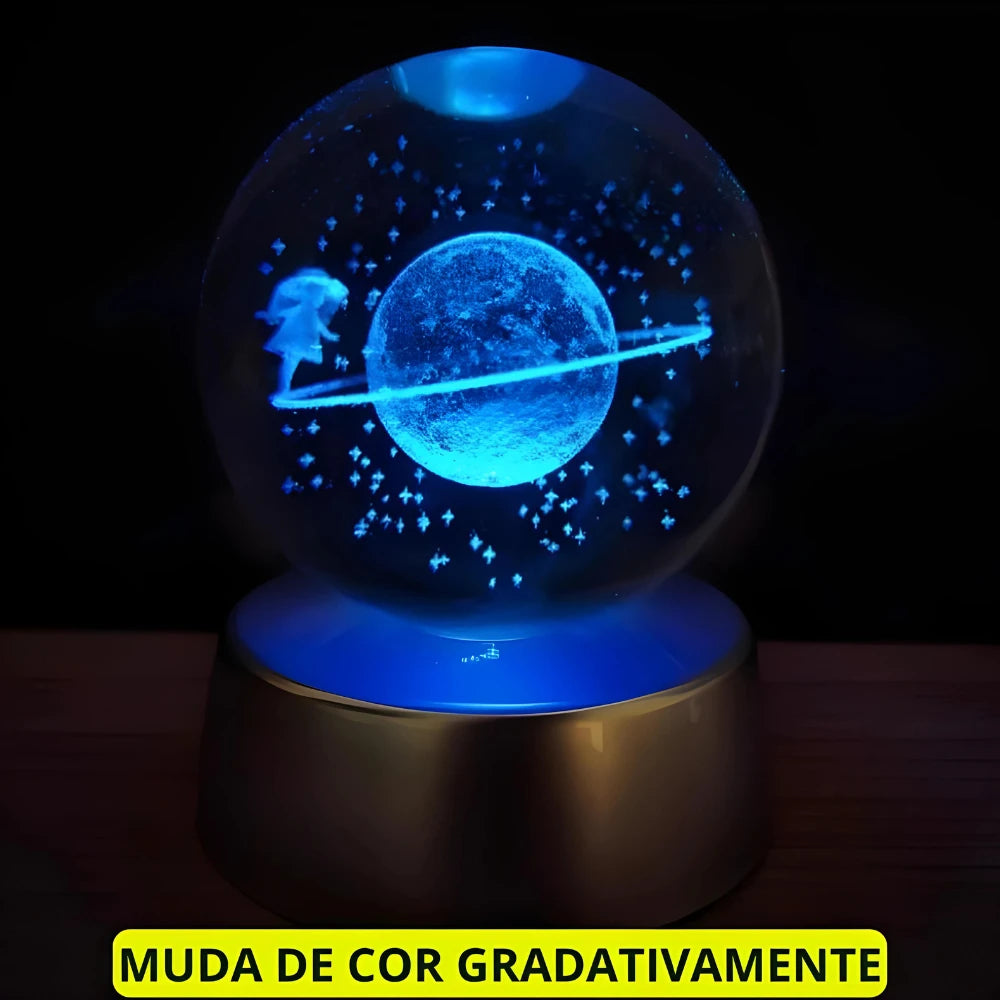 Luminária de Mesa Cristal – Planeta Terra, Lua, Galáxia e Sistema Solar, LED com Base de Madeira