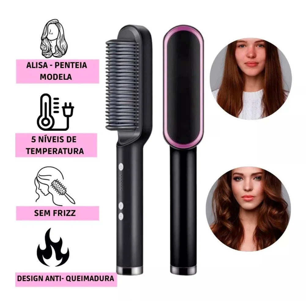 Escova de Cabelo Elétrica 3 em 1 – Pente de Aquecimento para Alisar, Bivolt 120-220V