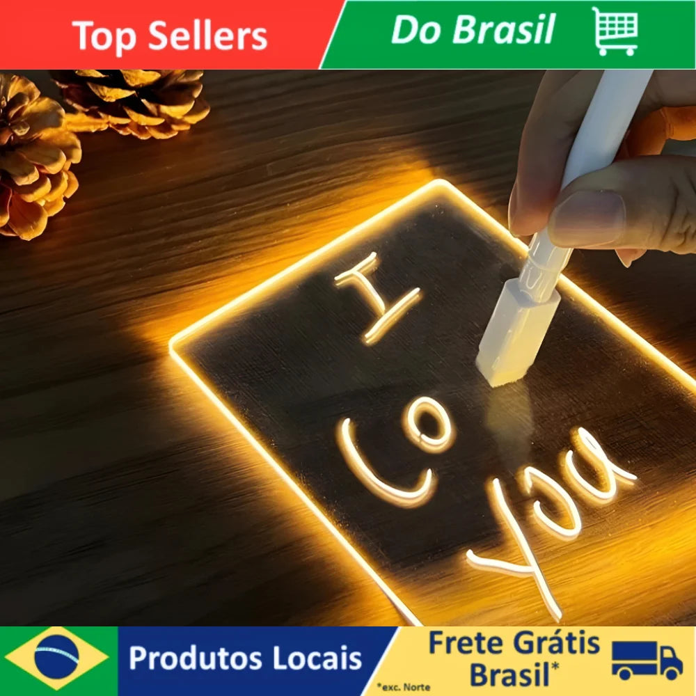 Luminária Lousa 3D de Mesa – LED com Caneta, Retangular ou Redonda