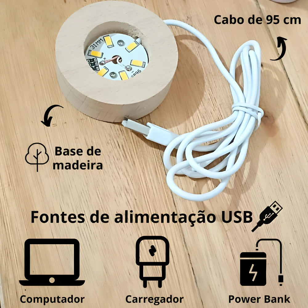 Luminária de Mesa Cristal – Planeta Terra, Lua, Galáxia e Sistema Solar, LED com Base de Madeira