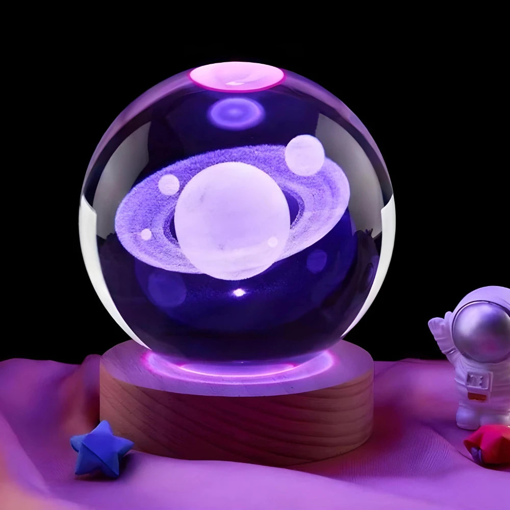 Luminária de Mesa Cristal – Planeta Terra, Lua, Galáxia e Sistema Solar, LED com Base de Madeira