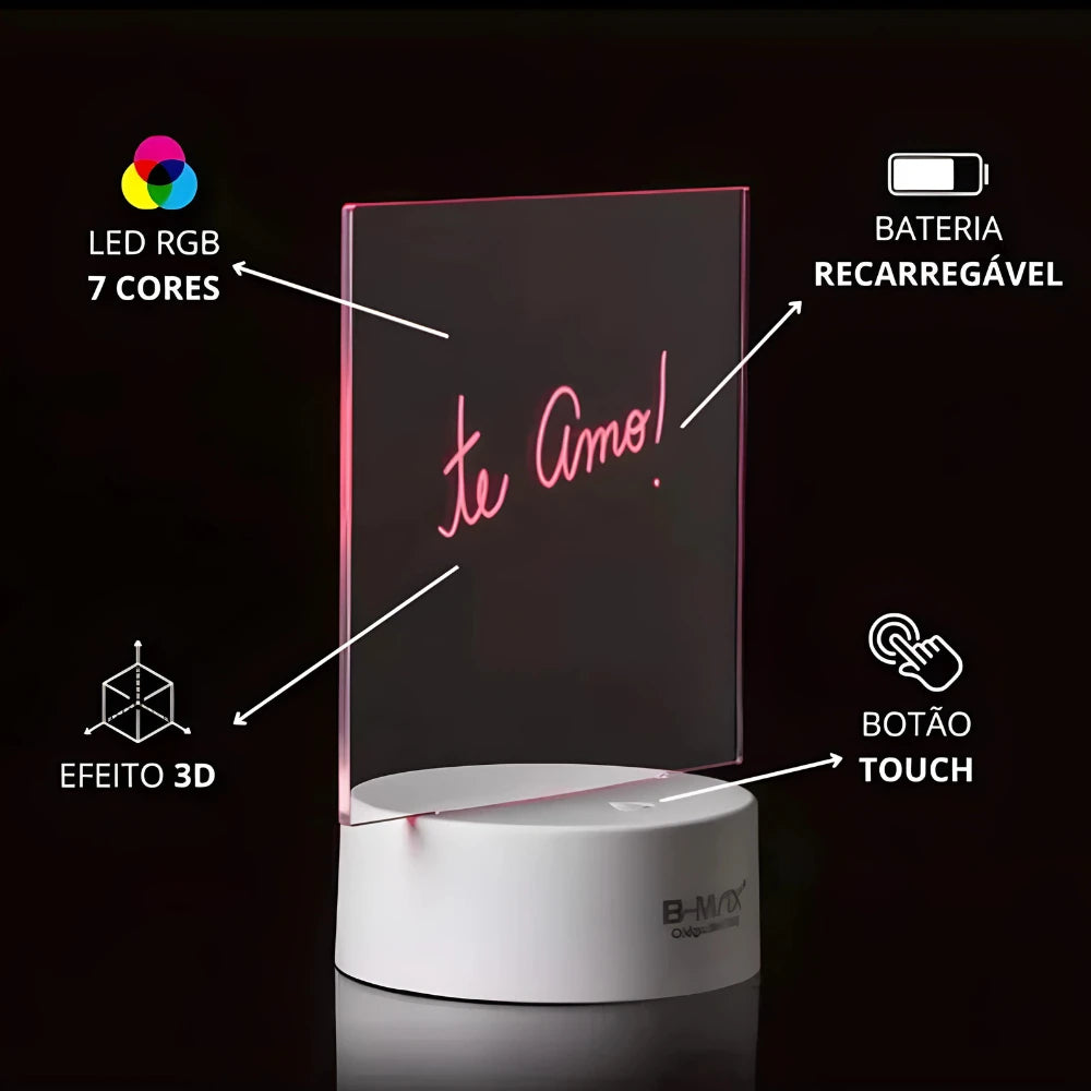 Luminária Lousa 3D de Mesa – LED com Caneta, Retangular ou Redonda