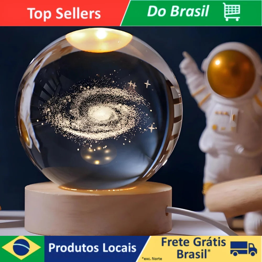 Luminária de Mesa Cristal – Planeta Terra, Lua, Galáxia e Sistema Solar, LED com Base de Madeira