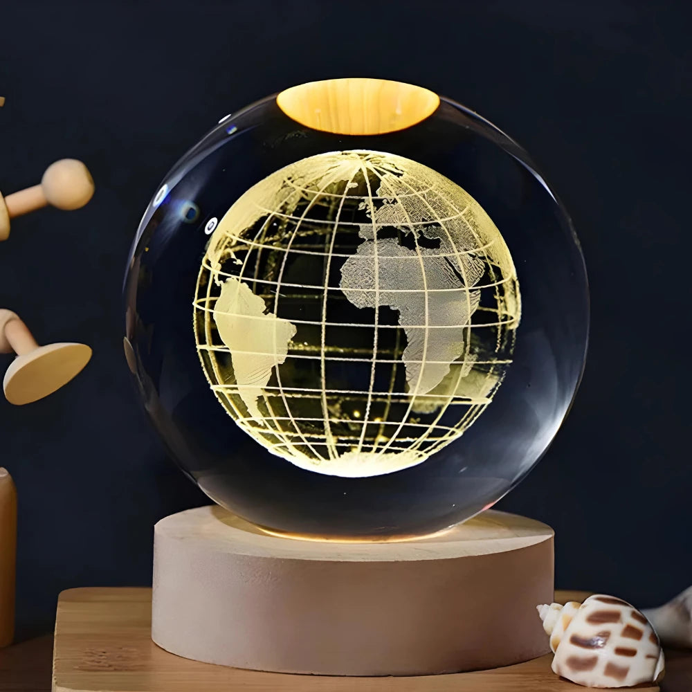 Luminária de Mesa Cristal – Planeta Terra, Lua, Galáxia e Sistema Solar, LED com Base de Madeira