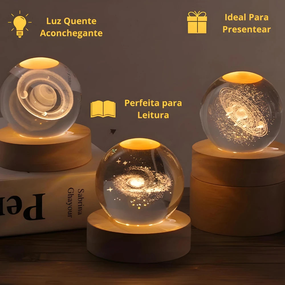 Luminária de Mesa Cristal – Planeta Terra, Lua, Galáxia e Sistema Solar, LED com Base de Madeira