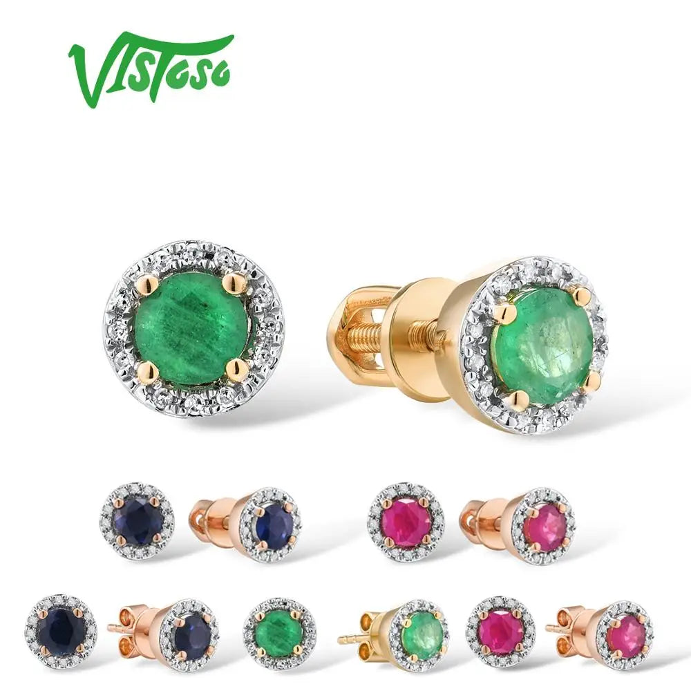 Brincos Femininos Vistoso – Ouro 14K 585, Pedras Preciosas Azul, Rubi e Safira 4mm