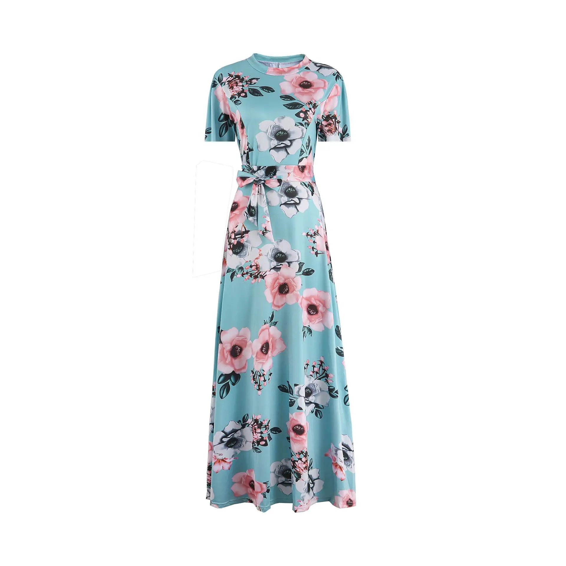 Vestido Longo Floral Feminino 2025 – Gola Alta, Amarração na Cintura e Estilo Casual Elegante