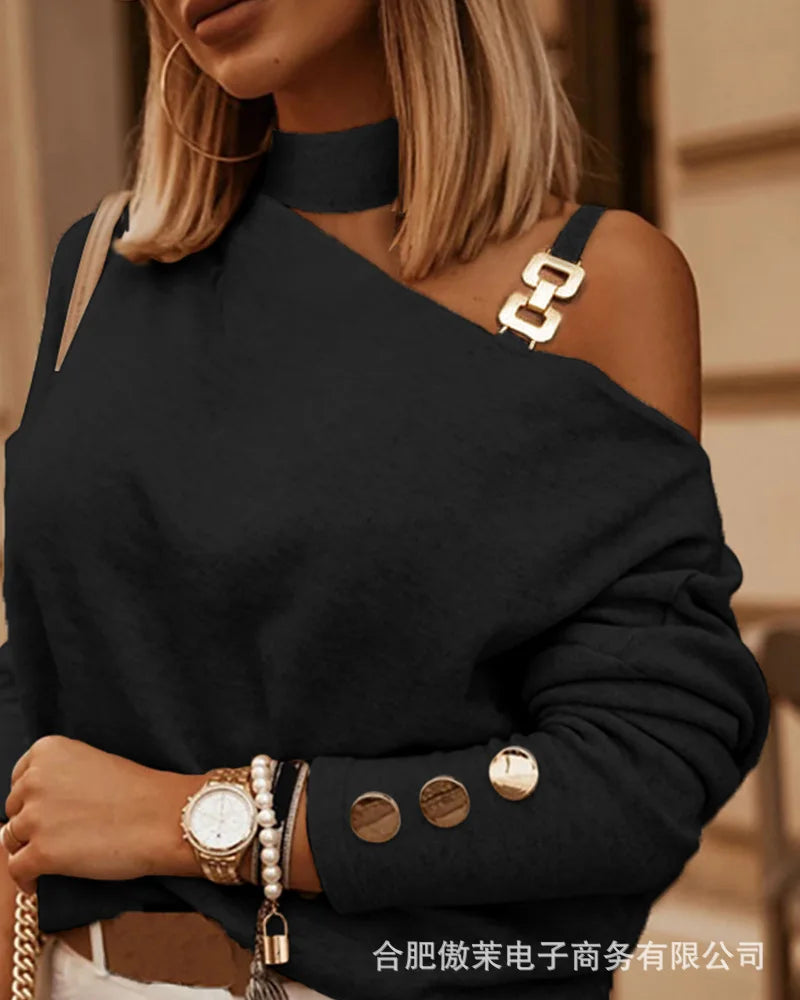 Blusa Feminina Ombro Único com Corrente – Manga Longa, Estilo Fashion e Sofisticado