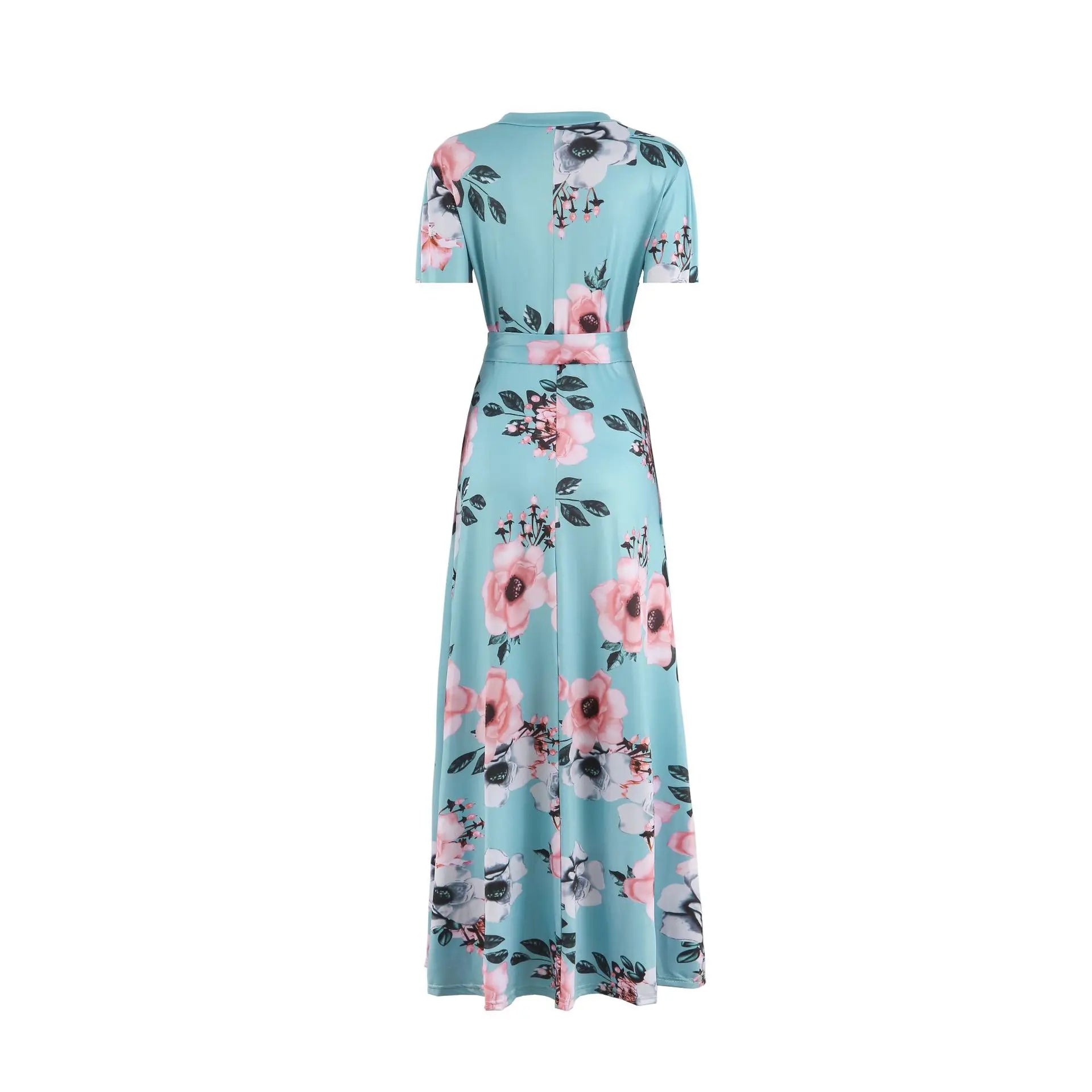 Vestido Longo Floral Feminino 2025 – Gola Alta, Amarração na Cintura e Estilo Casual Elegante