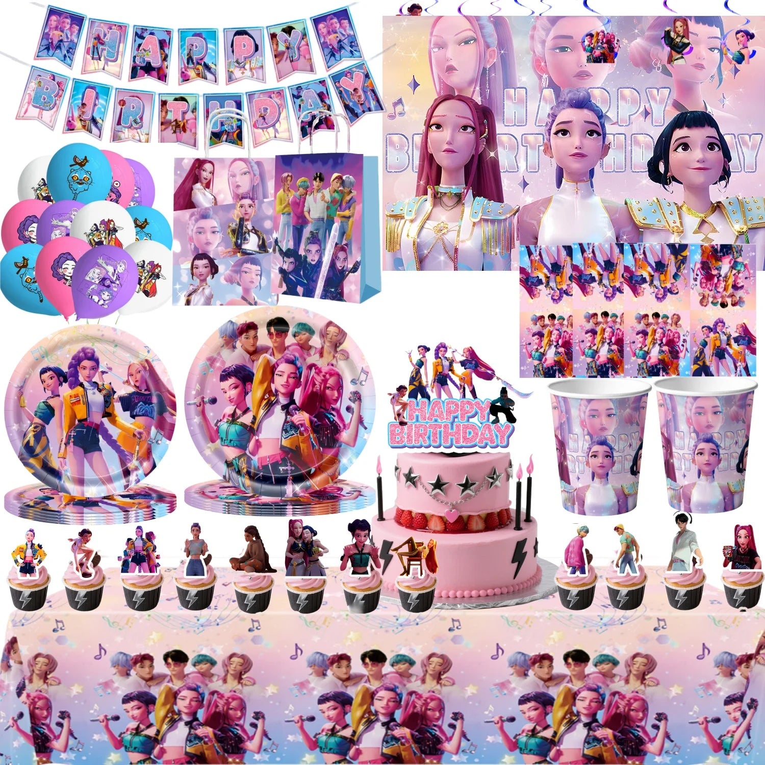 Caçador de demônios kpop decoração de festa k pop caçadores de demônios kit de pano de mesa de aniversário sacos de copo de prato caçadores de demônio kpop lembranças de festa