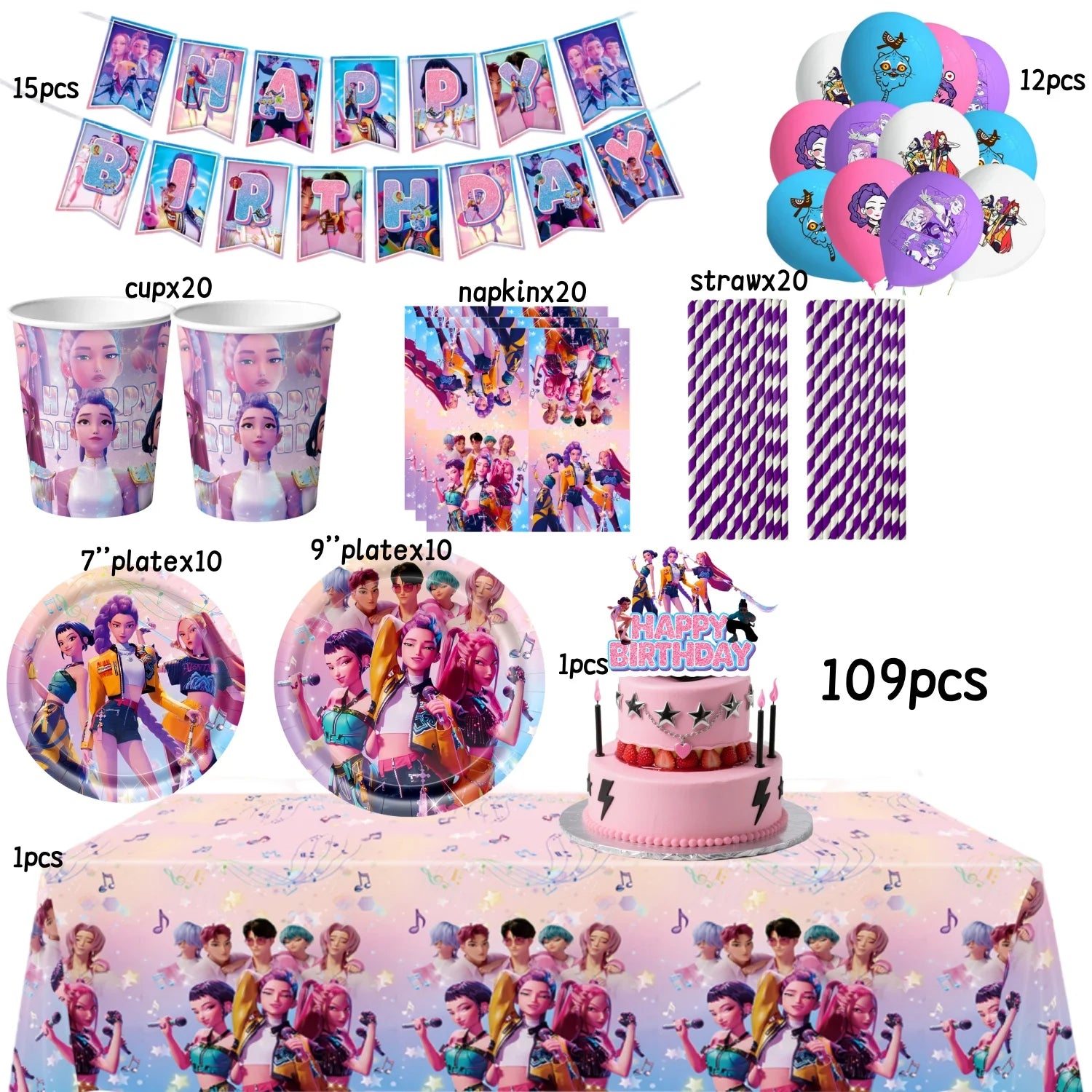 Caçador de demônios kpop decoração de festa k pop caçadores de demônios kit de pano de mesa de aniversário sacos de copo de prato caçadores de demônio kpop lembranças de festa