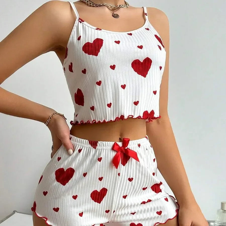Conjunto Pijama Feminino 2 Peças – Regata e Shorts, Branco com Estampa Lov