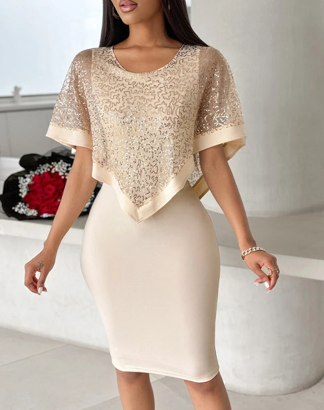 Vestido Bodycon Feminino 2025 – Manga Curta, Estampa Geométrica e Babado na Barra