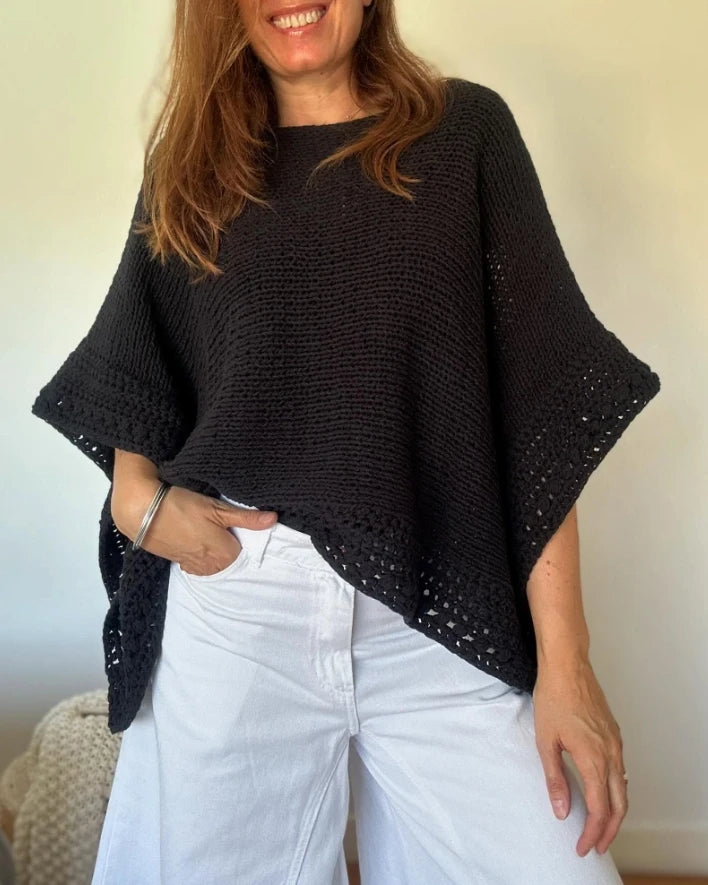 Blusa Feminina 2025 – Manga 3/4 Morcego, Padrão Vazado, Casual em Tricô