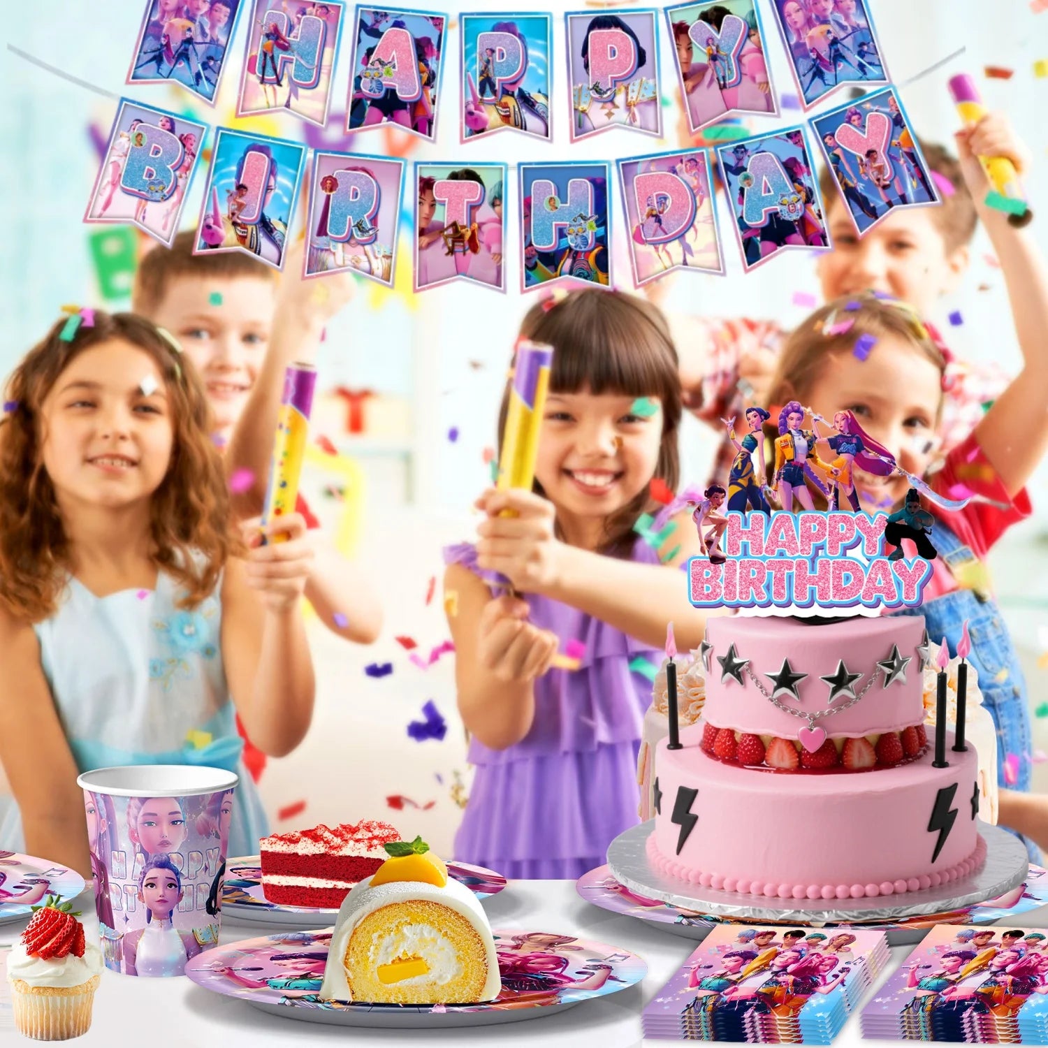 Caçador de demônios kpop decoração de festa k pop caçadores de demônios kit de pano de mesa de aniversário sacos de copo de prato caçadores de demônio kpop lembranças de festa