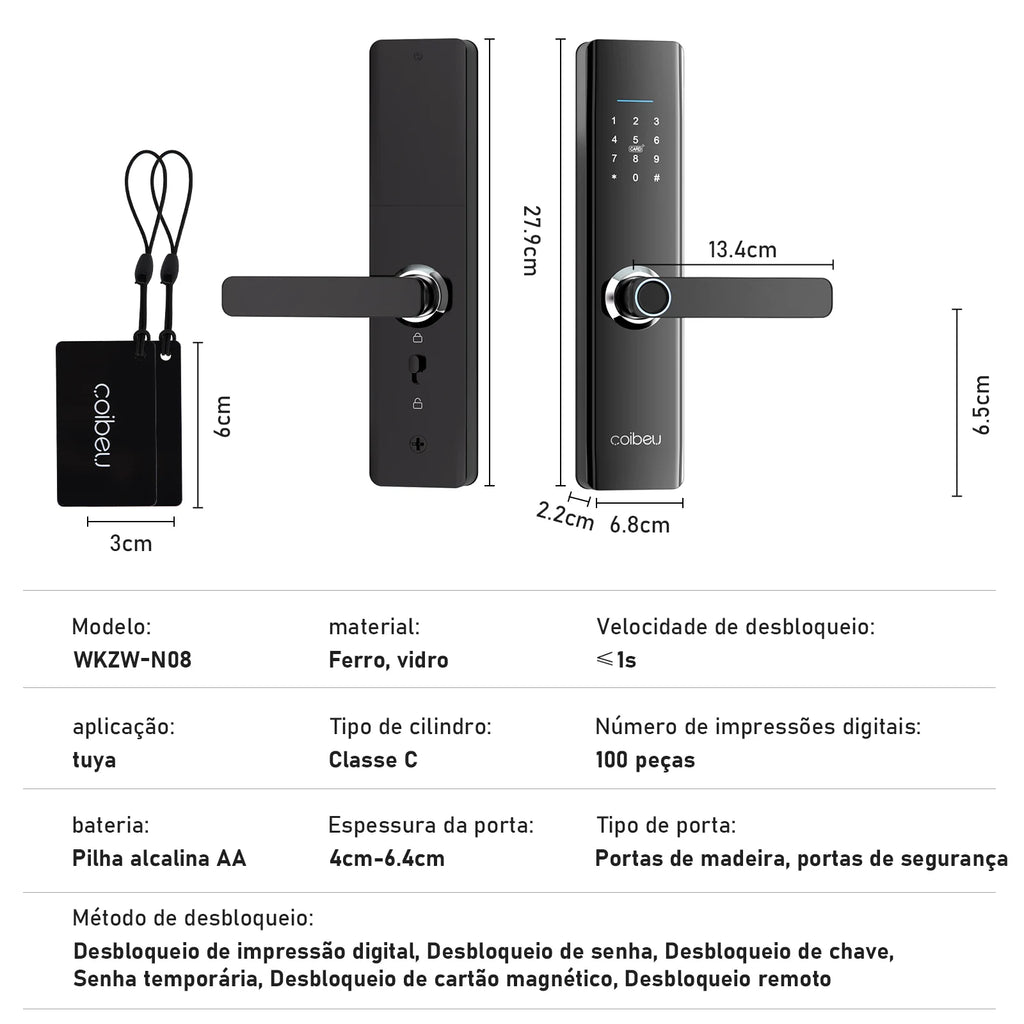 Fechadura Inteligente – Impressão Digital e Senha, Compatível com Tuya, Desbloqueio Rápido ≤1s, Eletrônica Coibeu