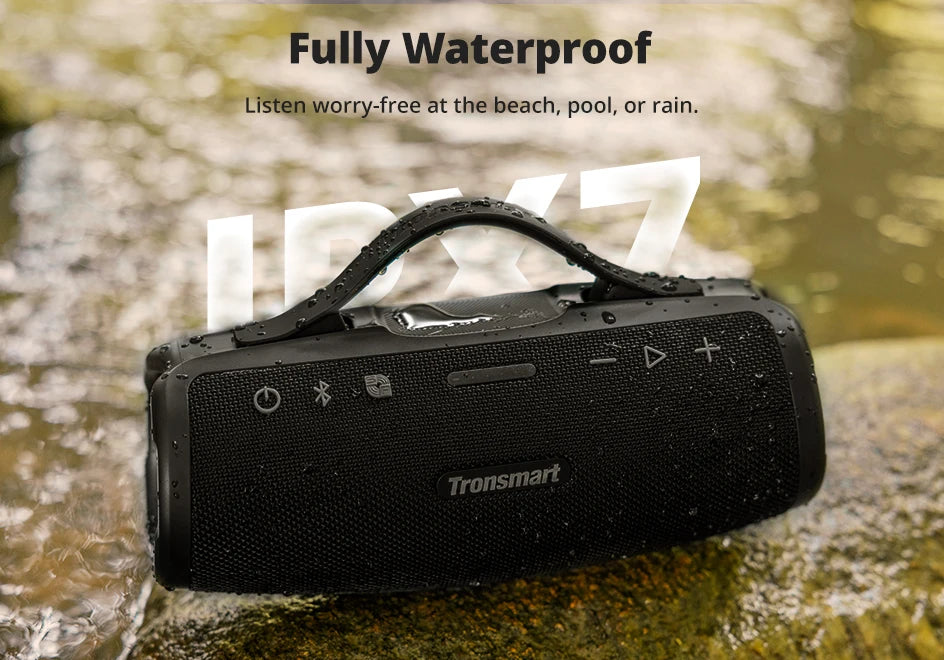 Caixa de Som Bluetooth Tronsmart Mirtune S100 – 50W, À Prova d’Água IPX7, Controle por App, Powerbank Integrado e Alça Retrátil