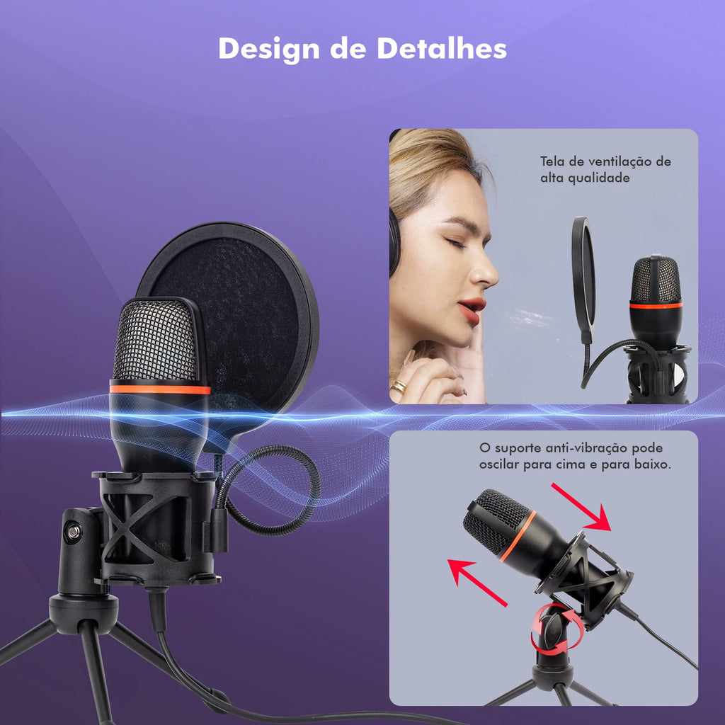 Microfone de Mesa USB Coibeu – 48KHz, Cancelamento Ativo de Ruído, RGB e Tripé Ajustável