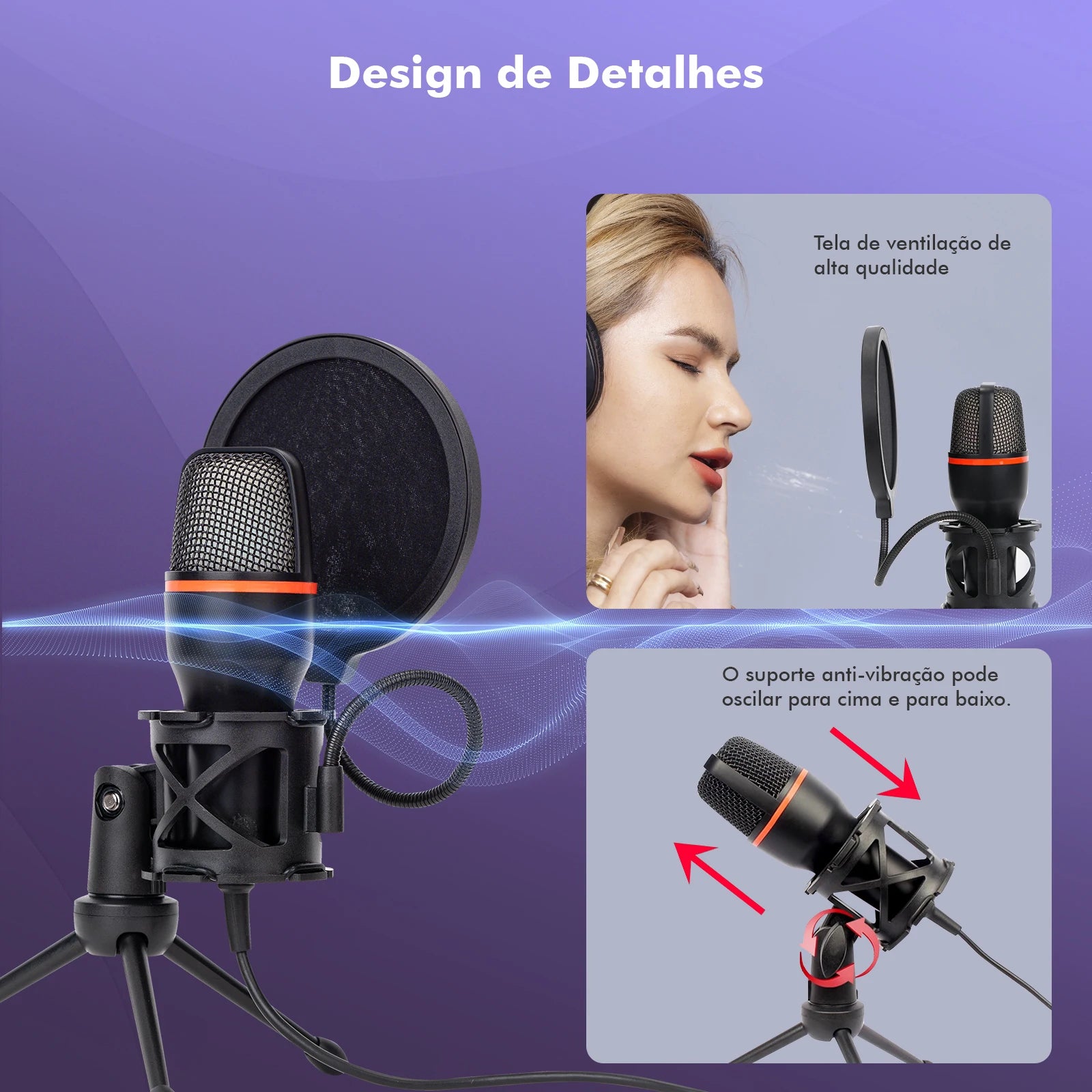 Microfone de Mesa USB Coibeu – 48KHz, Cancelamento Ativo de Ruído, RGB e Tripé Ajustável