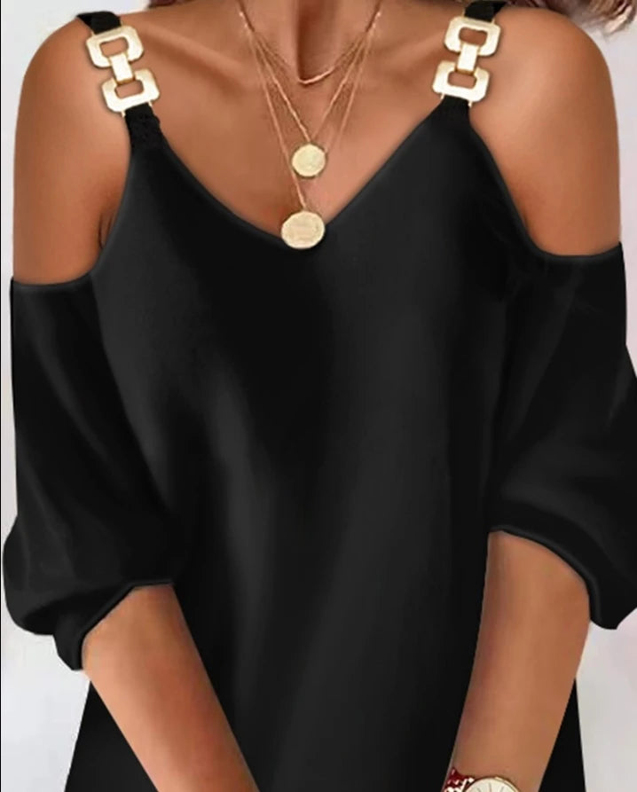 Vestido Feminino 2025 – Ombros Vazados, Manga Longa e Detalhe Metálico Casual