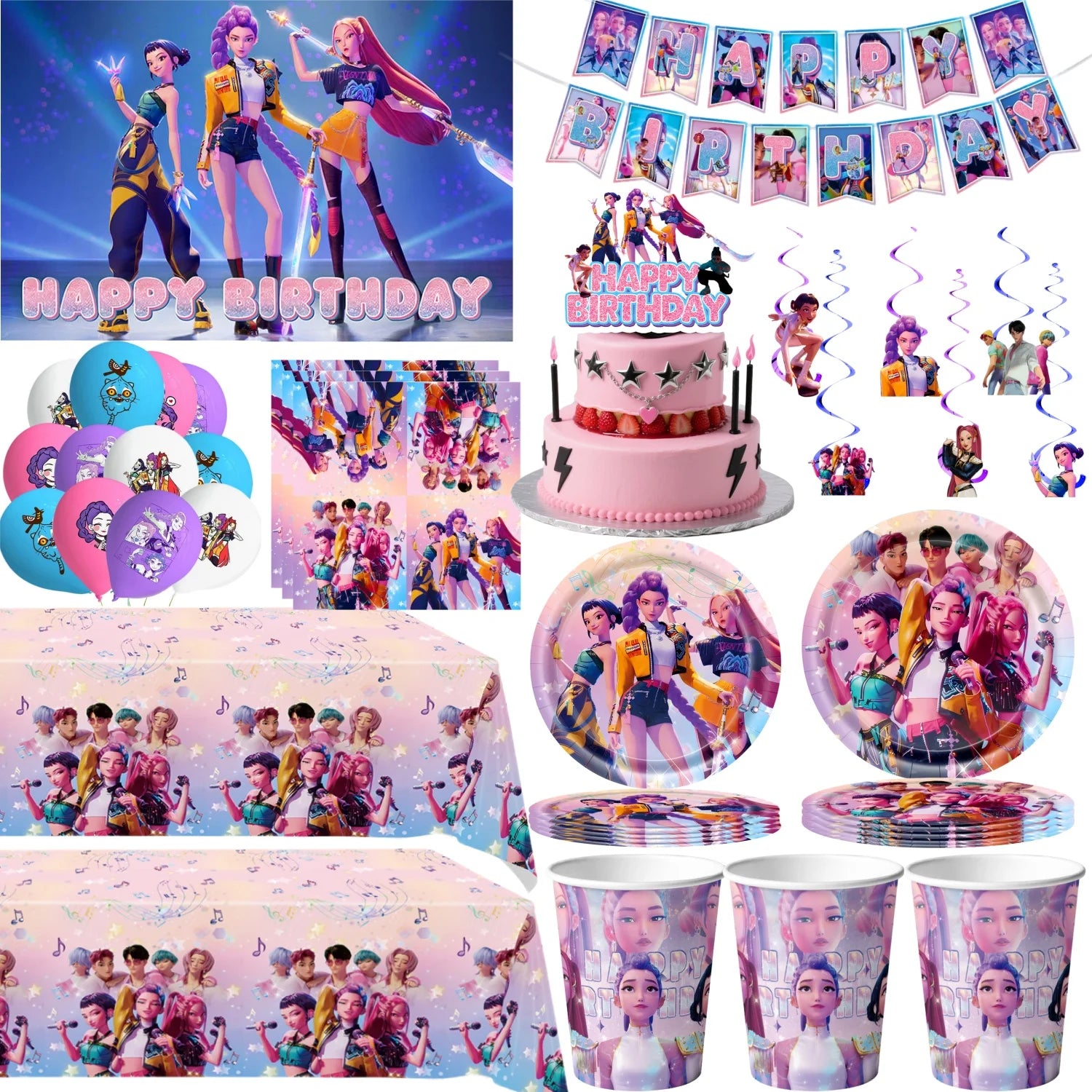 Caçador de demônios kpop decoração de festa k pop caçadores de demônios kit de pano de mesa de aniversário sacos de copo de prato caçadores de demônio kpop lembranças de festa