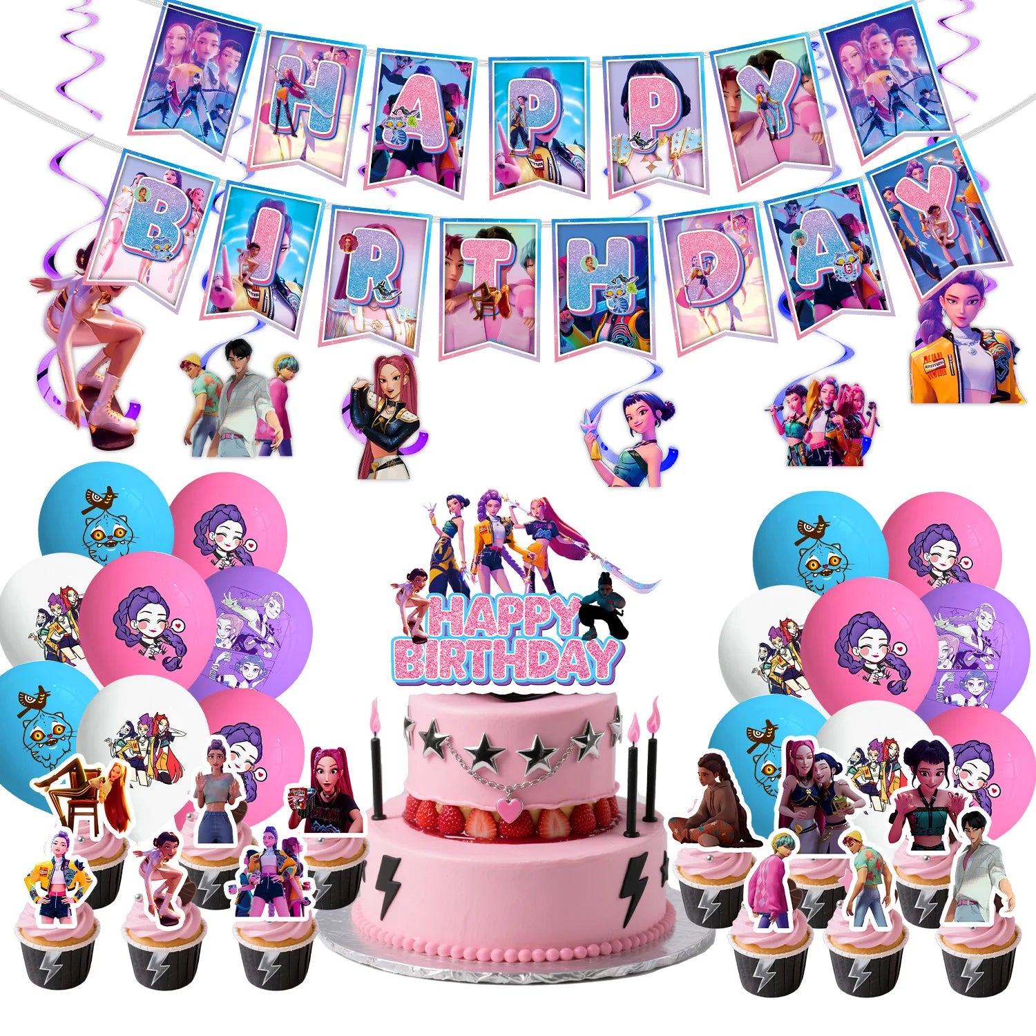 Caçador de demônios kpop decoração de festa k pop caçadores de demônios kit de pano de mesa de aniversário sacos de copo de prato caçadores de demônio kpop lembranças de festa