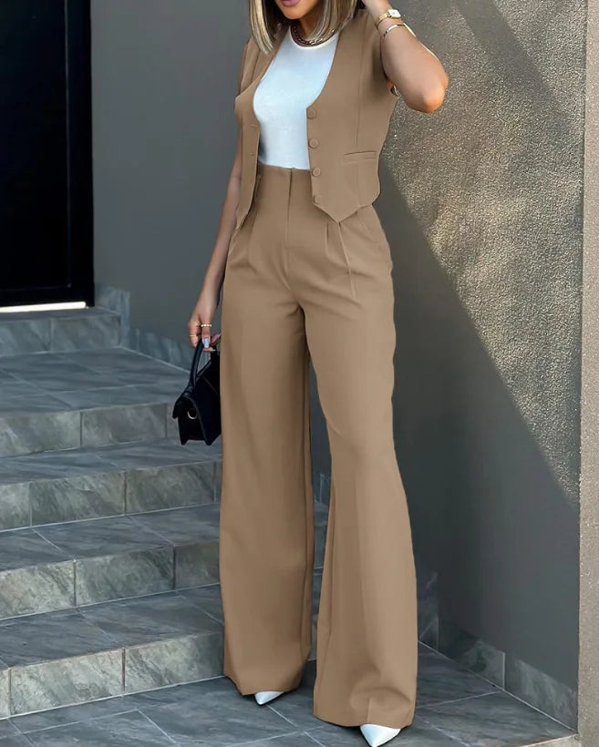 Conjunto Feminino Elegante – Colete Social com Botões e Calça Pantalona Cintura Alta