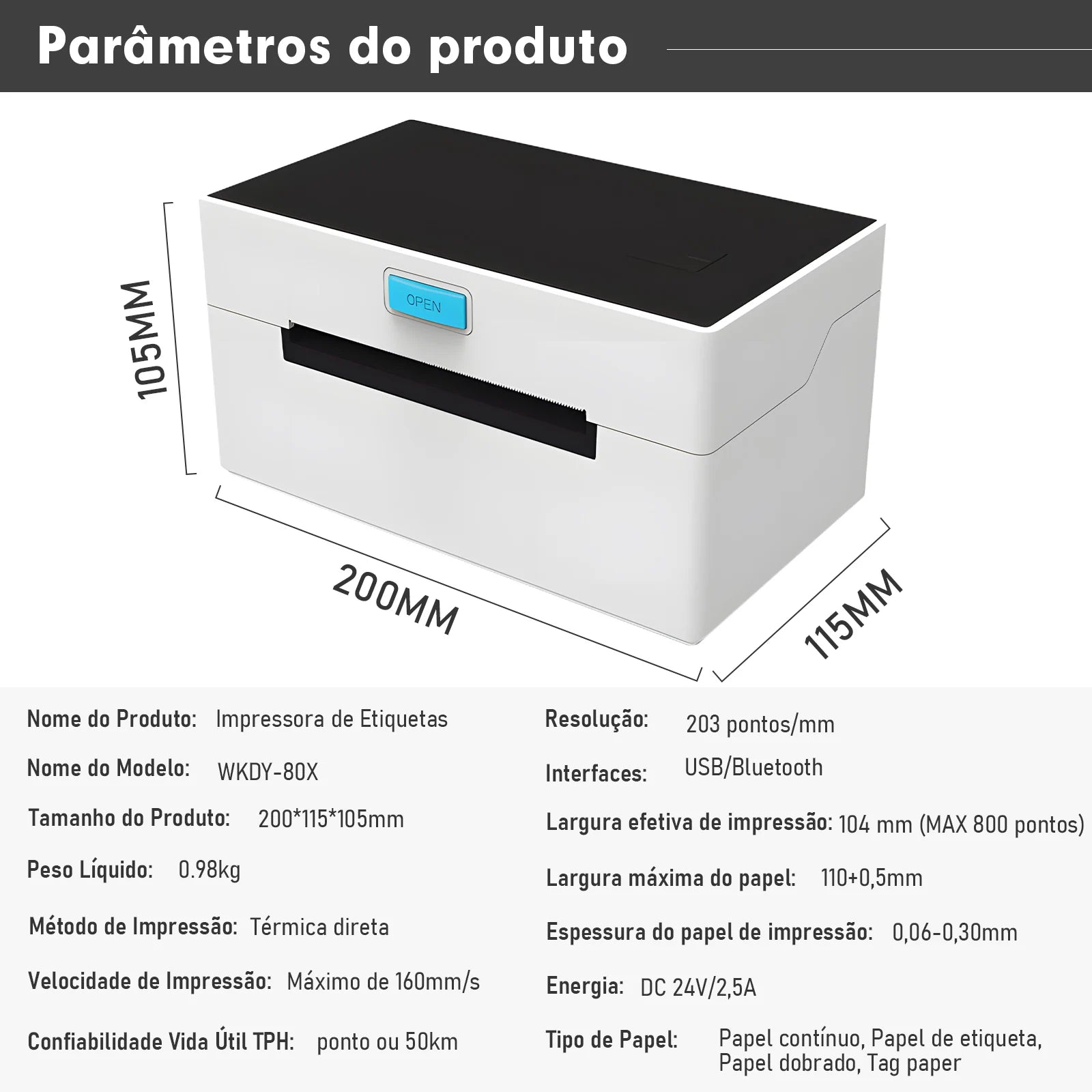 Impressora Eletrônica de Etiquetas – Adesiva, Suporte Bluetooth e WiFi, Impressão Rápida, Térmica