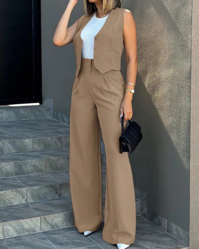 Conjunto Feminino Elegante – Colete Social com Botões e Calça Pantalona Cintura Alta