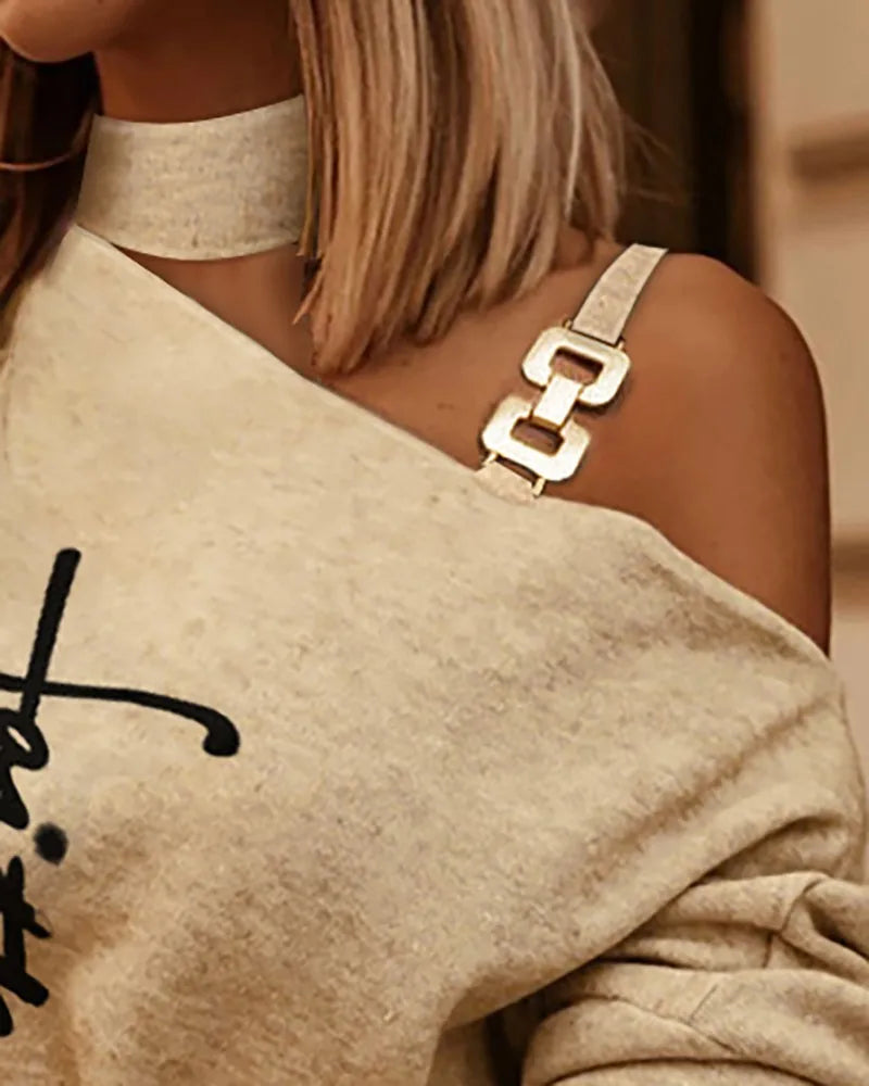 Blusa Feminina Ombro Único com Corrente – Manga Longa, Estilo Fashion e Sofisticado
