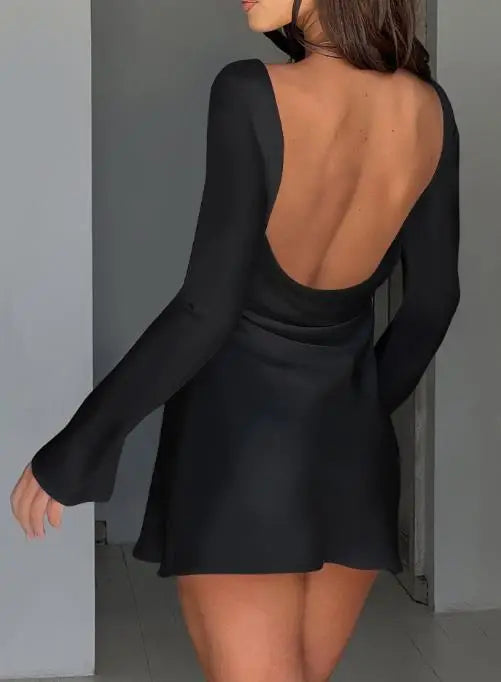 Vestido Feminino 2025 – Manga Longa, Costas Nuas e Saia Curta Casual Elegante