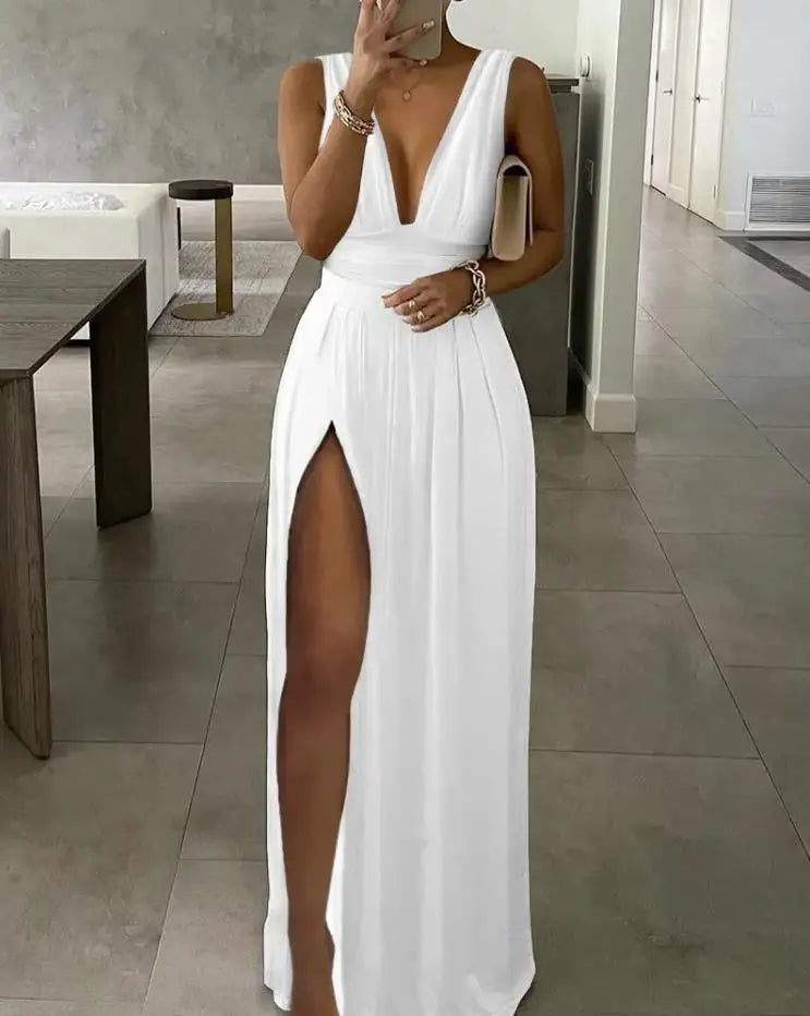 Vestido Feminino Longo 2025 – Decote V Profundo, Fenda Alta e Cintura Marcada