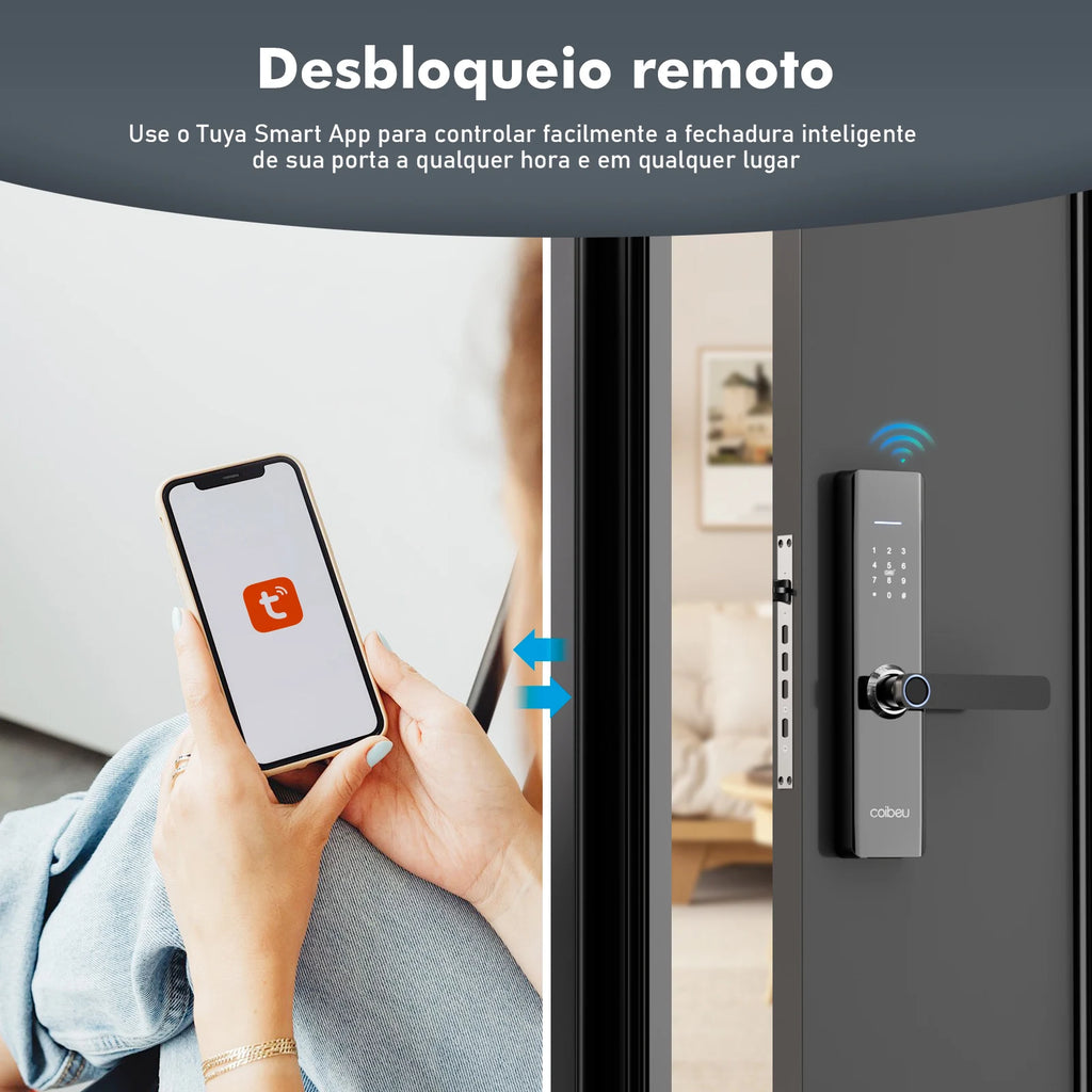 Fechadura Inteligente – Impressão Digital e Senha, Compatível com Tuya, Desbloqueio Rápido ≤1s, Eletrônica Coibeu