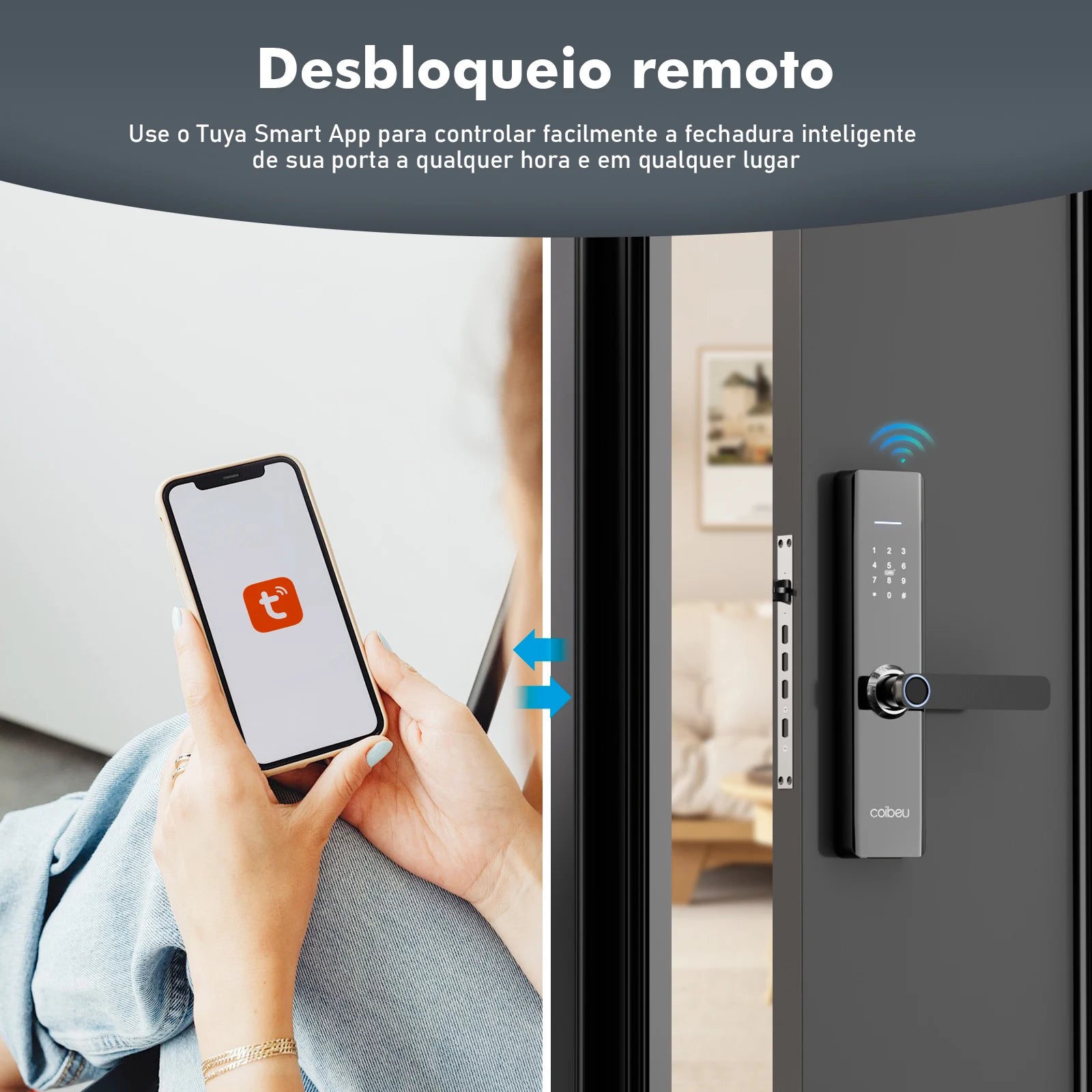 Fechadura Inteligente – Impressão Digital e Senha, Compatível com Tuya, Desbloqueio Rápido ≤1s, Eletrônica Coibeu