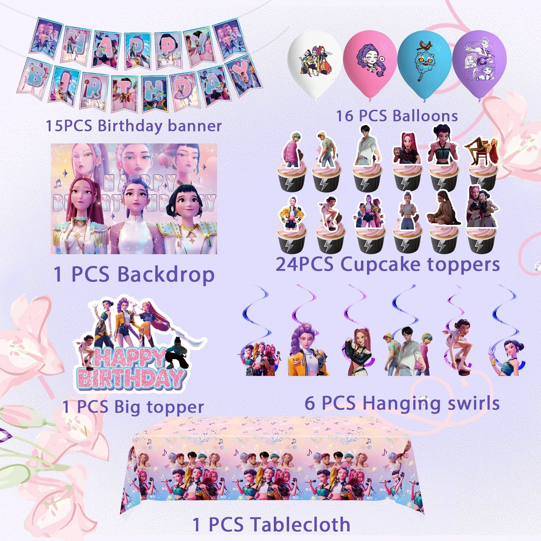 Caçador de demônios kpop decoração de festa k pop caçadores de demônios kit de pano de mesa de aniversário sacos de copo de prato caçadores de demônio kpop lembranças de festa