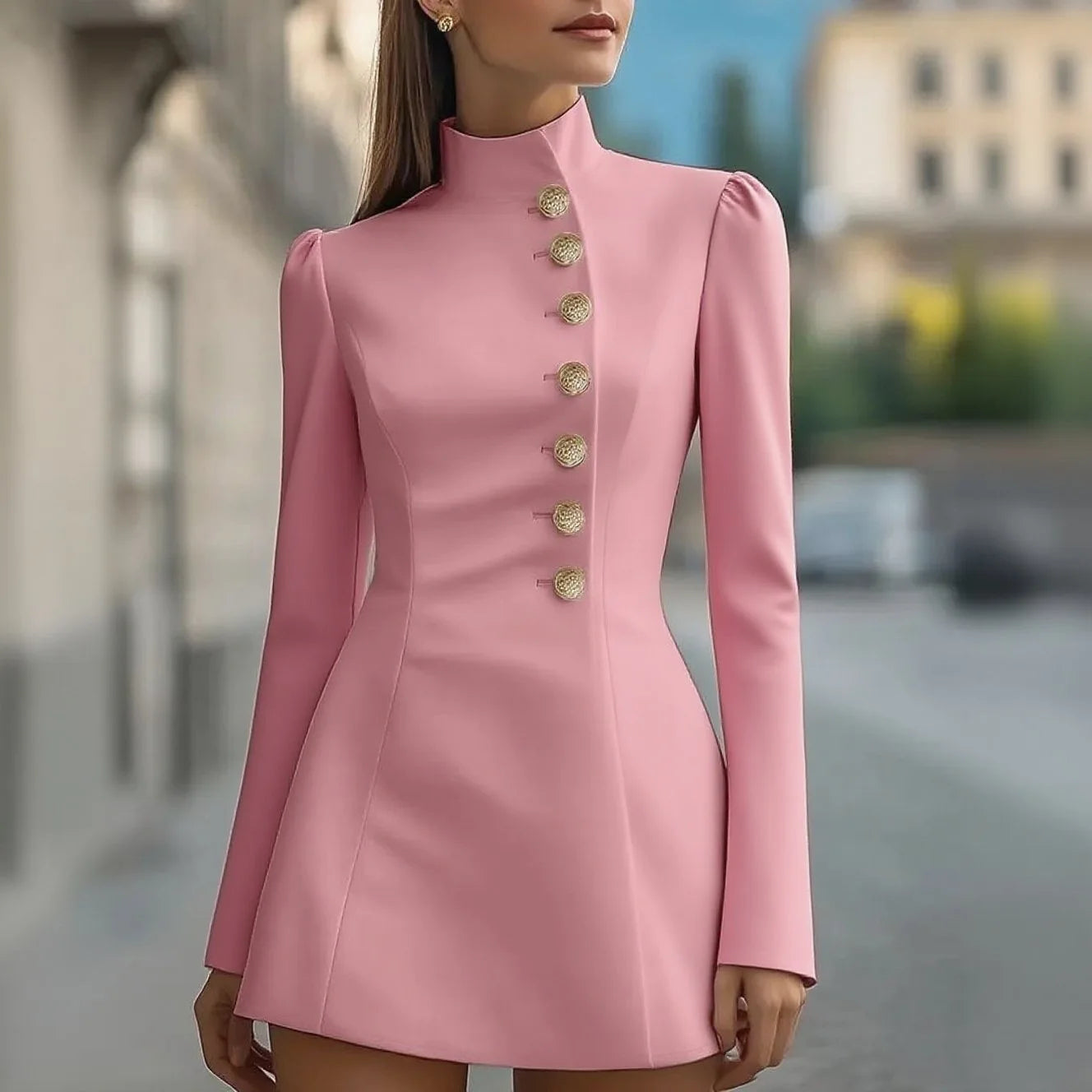 2025 New Women's Turtleneck Dress Suit Single-breasted High Waist Slim Long Sleeve Korean Style Office Pink Mini Skirt