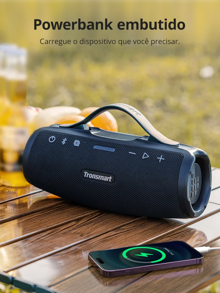 Caixa de Som Bluetooth Tronsmart Mirtune S100 – 50W, À Prova d’Água IPX7, Controle por App, Powerbank Integrado e Alça Retrátil