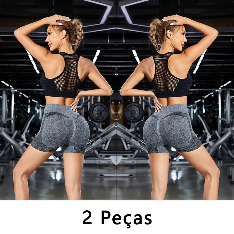 Conjunto 2 Peças – Shorts Esportivos Femininos, Ginástica e Yoga com Controle de Barriga e Glúteos