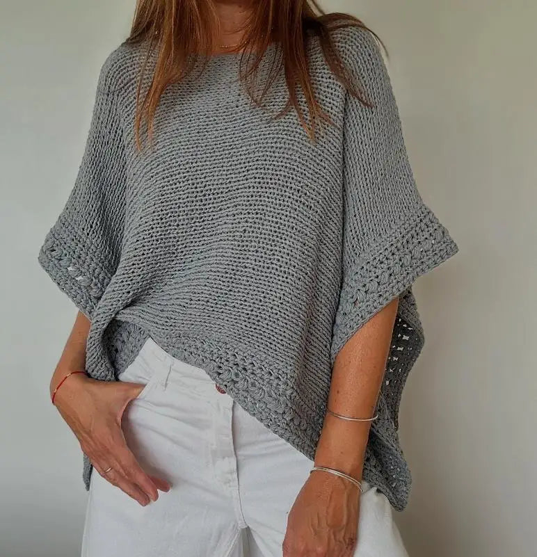 Blusa Feminina 2025 – Manga 3/4 Morcego, Padrão Vazado, Casual em Tricô