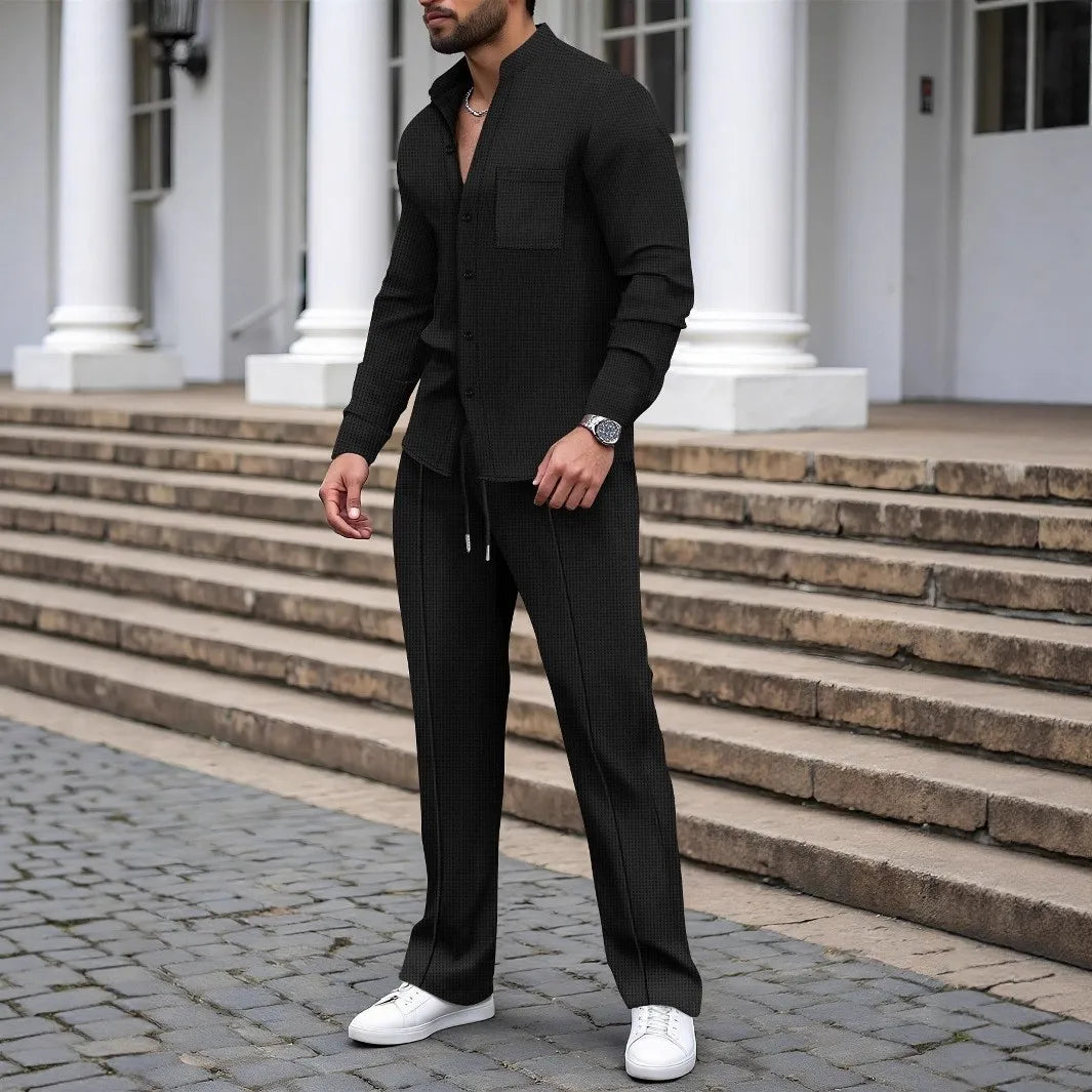 Conjunto Masculino Outono 2025 – Camisa Manga Longa com Bolso e Cardigan + Calça Casual