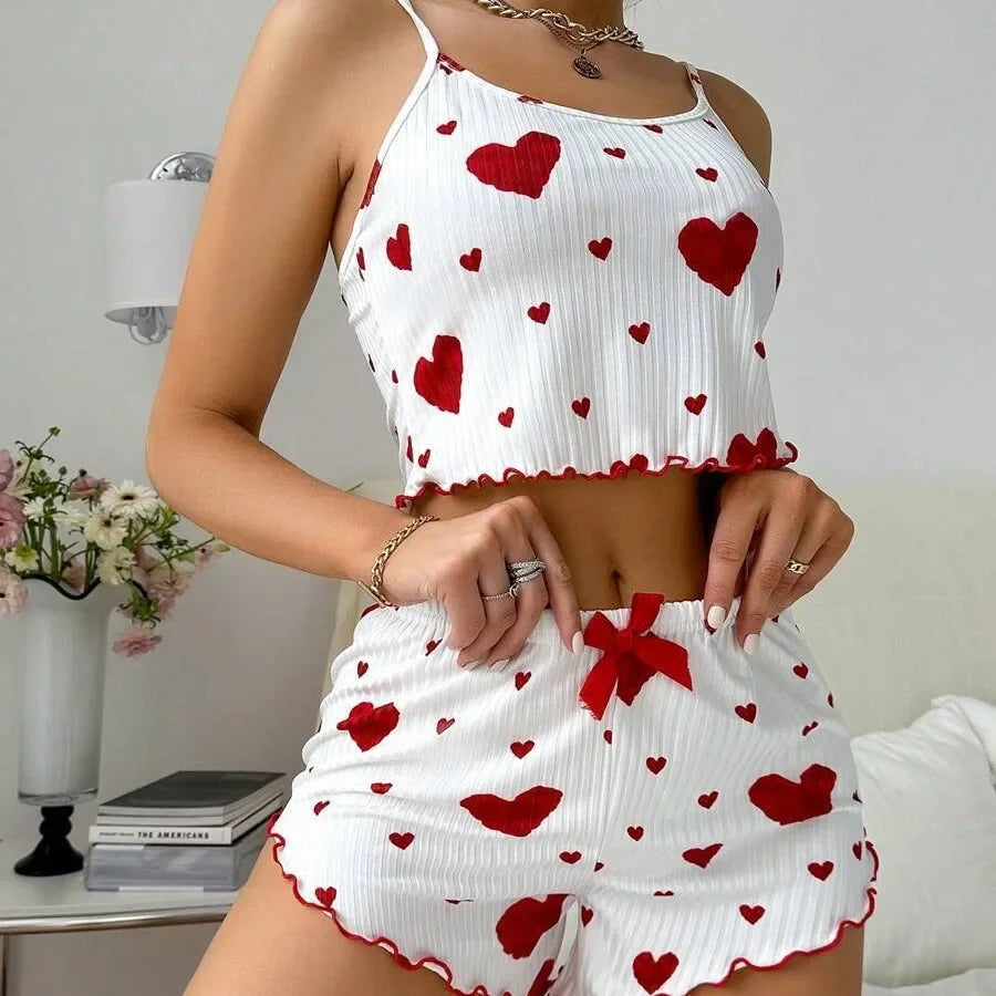 Conjunto Pijama Feminino 2 Peças – Regata e Shorts, Branco com Estampa Lov