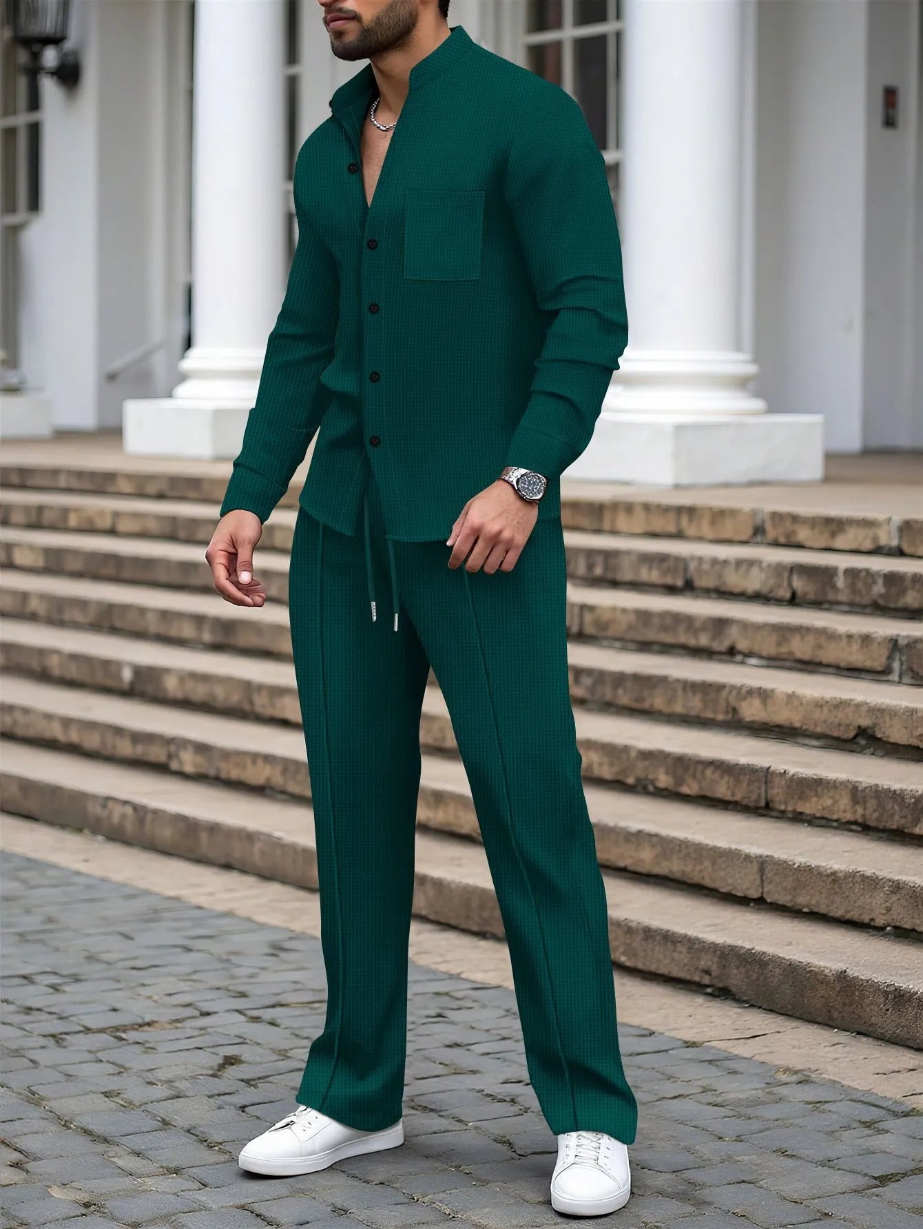 Conjunto Masculino Outono 2025 – Camisa Manga Longa com Bolso e Cardigan + Calça Casual