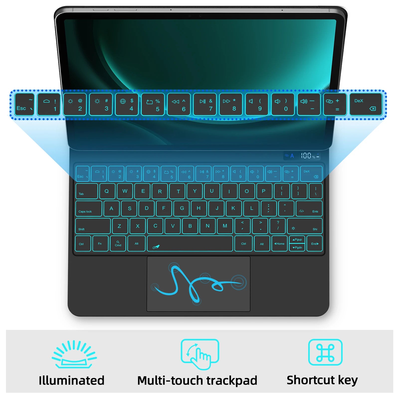 Teclado Mágico Português Bettdow para Samsung Tab S7/S8/S9/S9+ – Suporte Flutuante, Iluminado e Porta-Caneta S